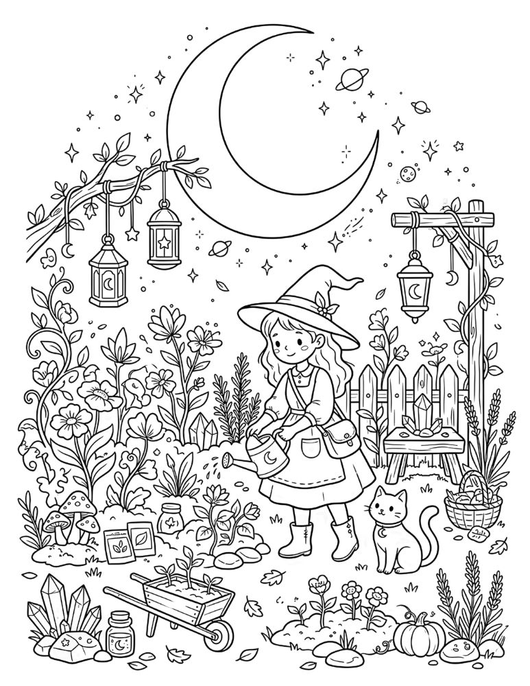 Enchanted celestial witch garden beneath a crescent moon with magical flowers, mushrooms, crystals, pumpkins, herbs, and a black cat
