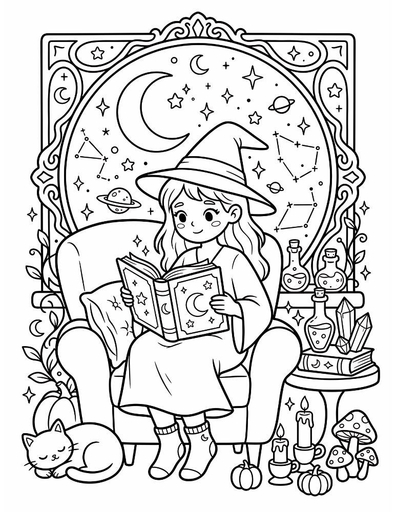 Cozy celestial witch reading a spell book in an armchair beneath a window showing a crescent moon and stars