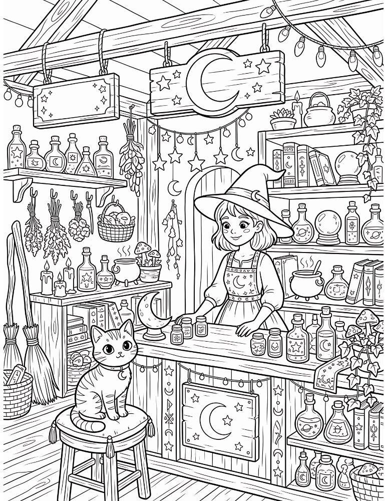 Charming celestial witch shop filled with potion bottles, spell books, crystals, candles, moon decorations, stars, pumpkins, and a black cat
