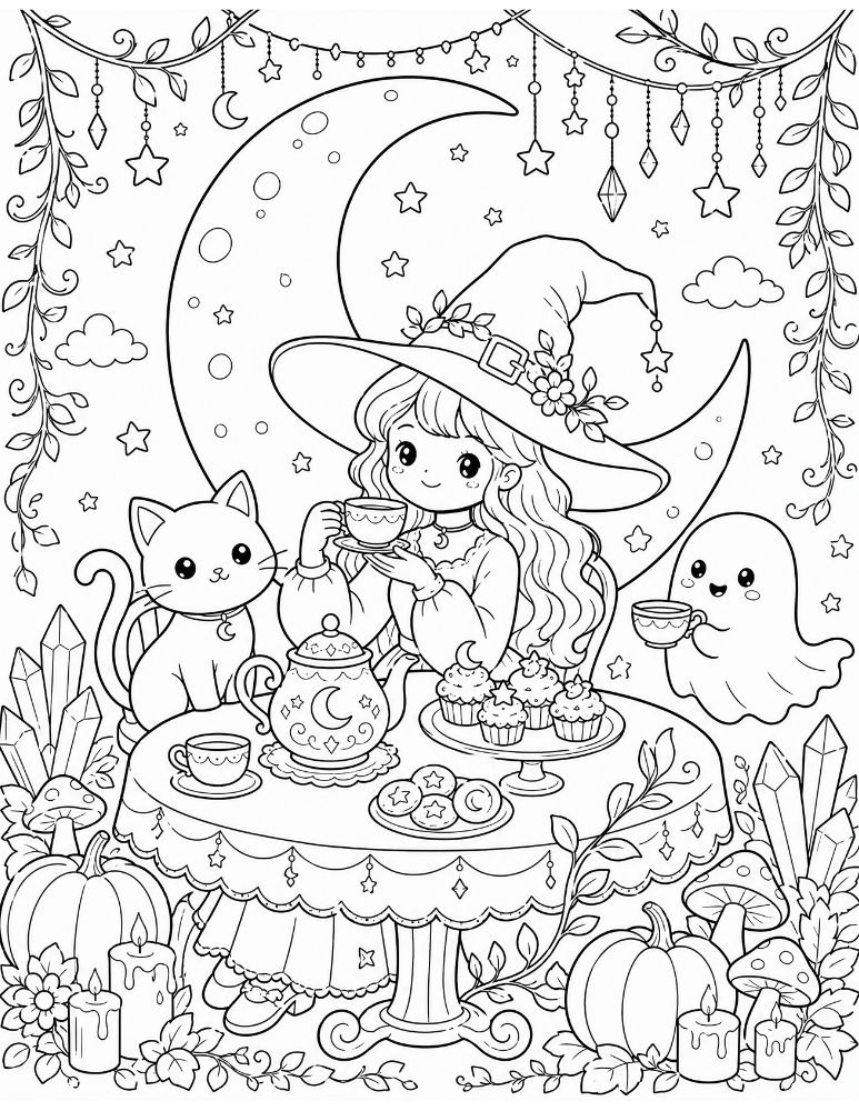 Cute witch having a tea party beneath a crescent moon with a black cat and tiny ghost surrounded by stars, crystals, pumpkins, and mushrooms