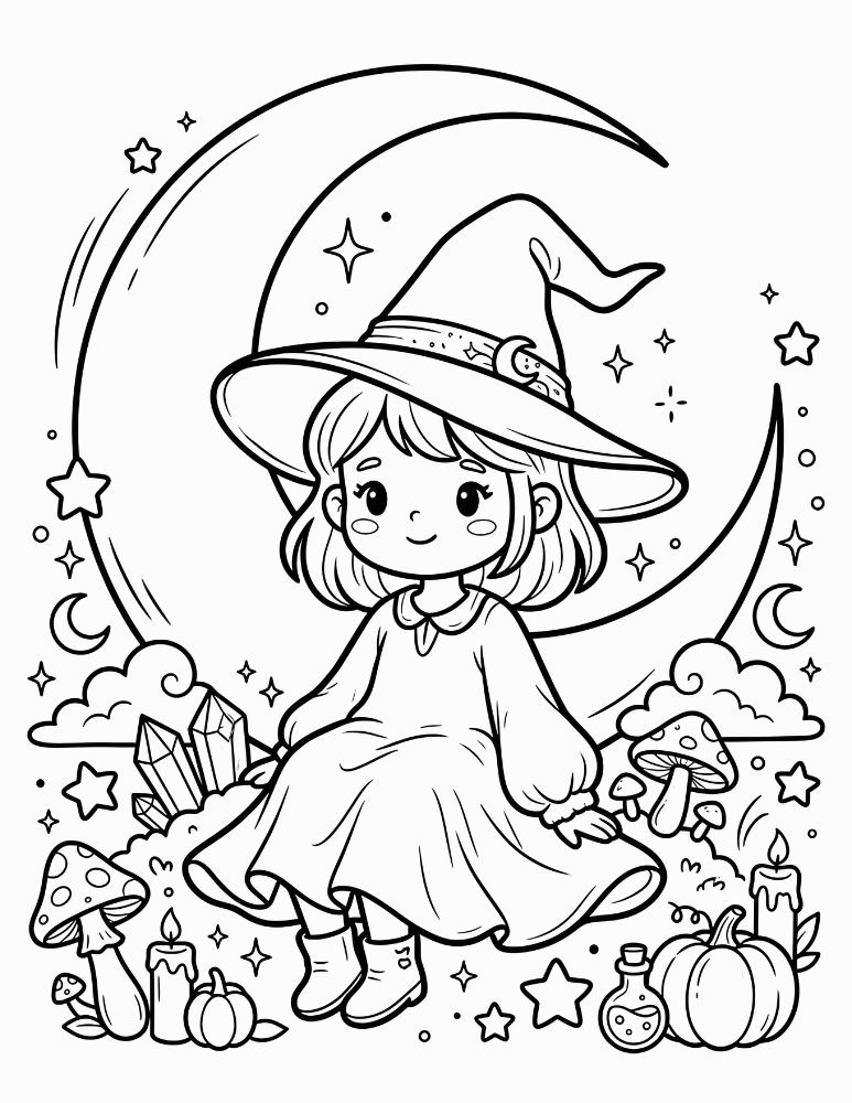 Cute celestial witch sitting beneath a large crescent moon surrounded by stars, crystals, mushrooms, candles, and pumpkins