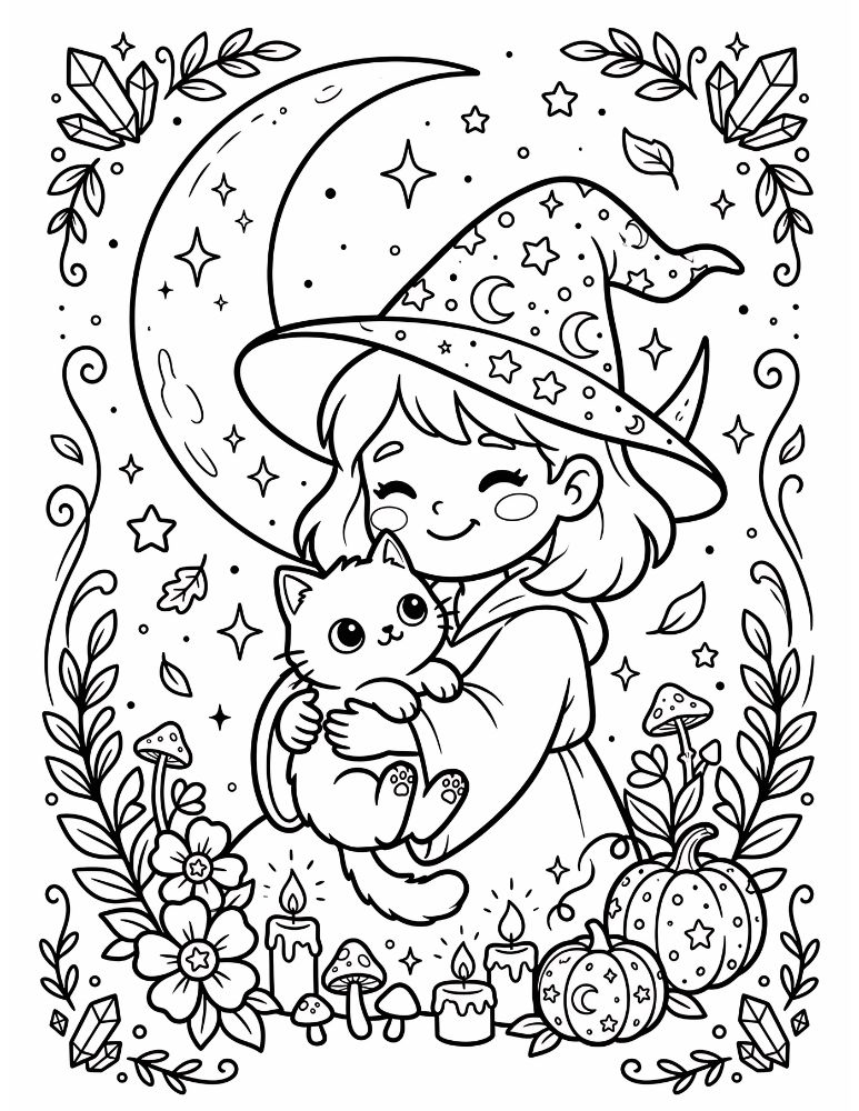 Cute witch cuddling a black cat beneath a large crescent moon surrounded by stars, crystals, mushrooms, candles, and pumpkins