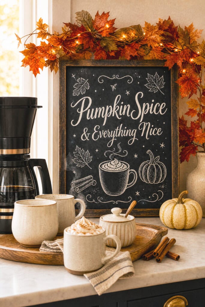 A cozy autumn coffee bar with a blank chalkboard, pumpkins, fall foliage, and a pumpkin spice latte.