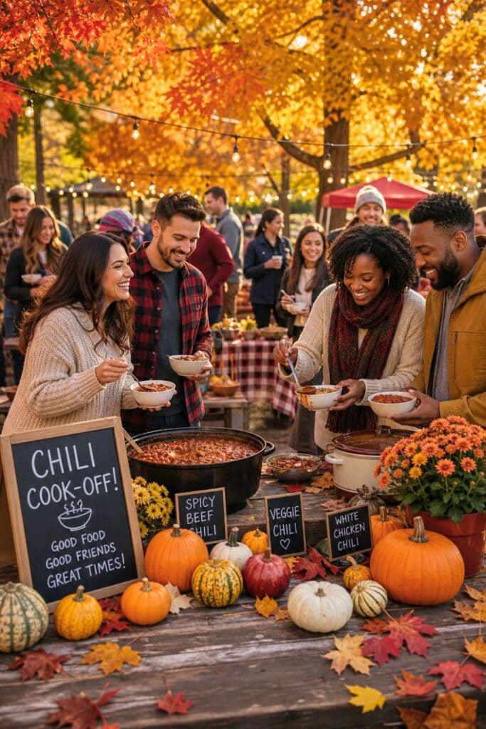 People enjoying a fall outdoor chili cook-off party with autumn decorations and warm sunlight.