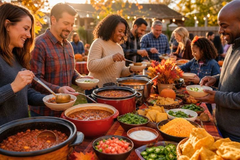 Adults gather outdoors to share bowls of chili and toppings at a festive autumn cook-off.