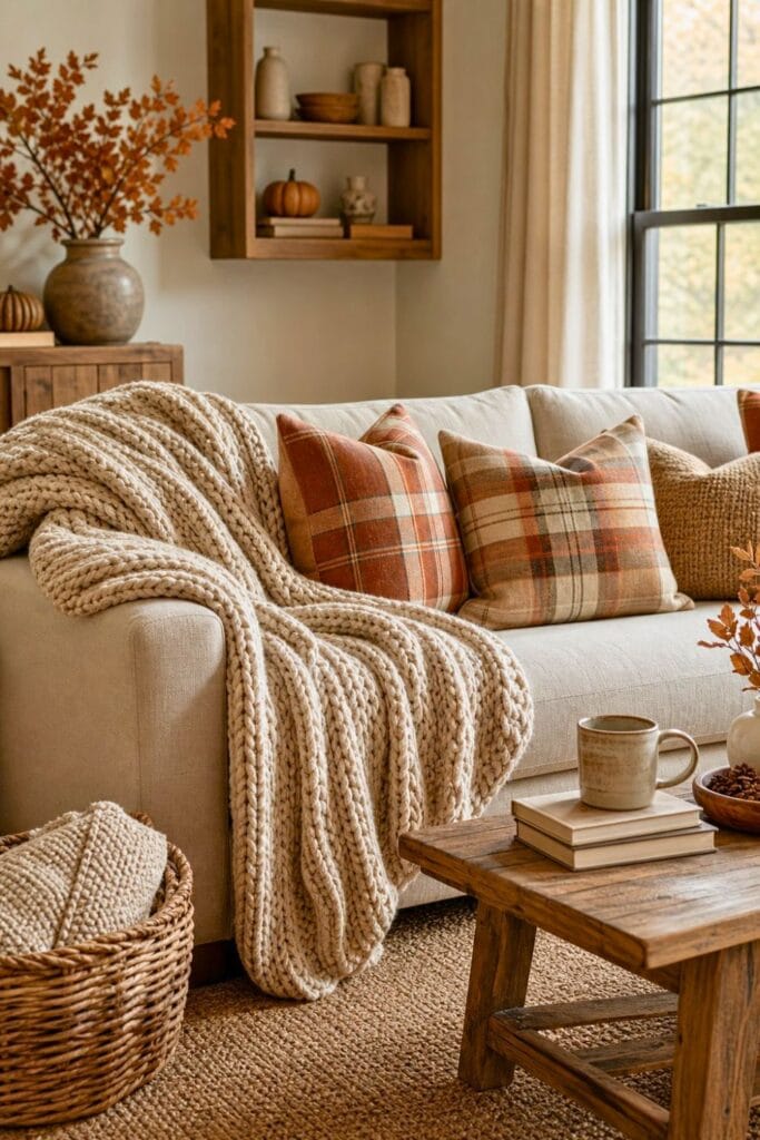 A cozy sofa decorated with a chunky knitted throw blanket and warm plaid pillows in a fall-inspired living room.