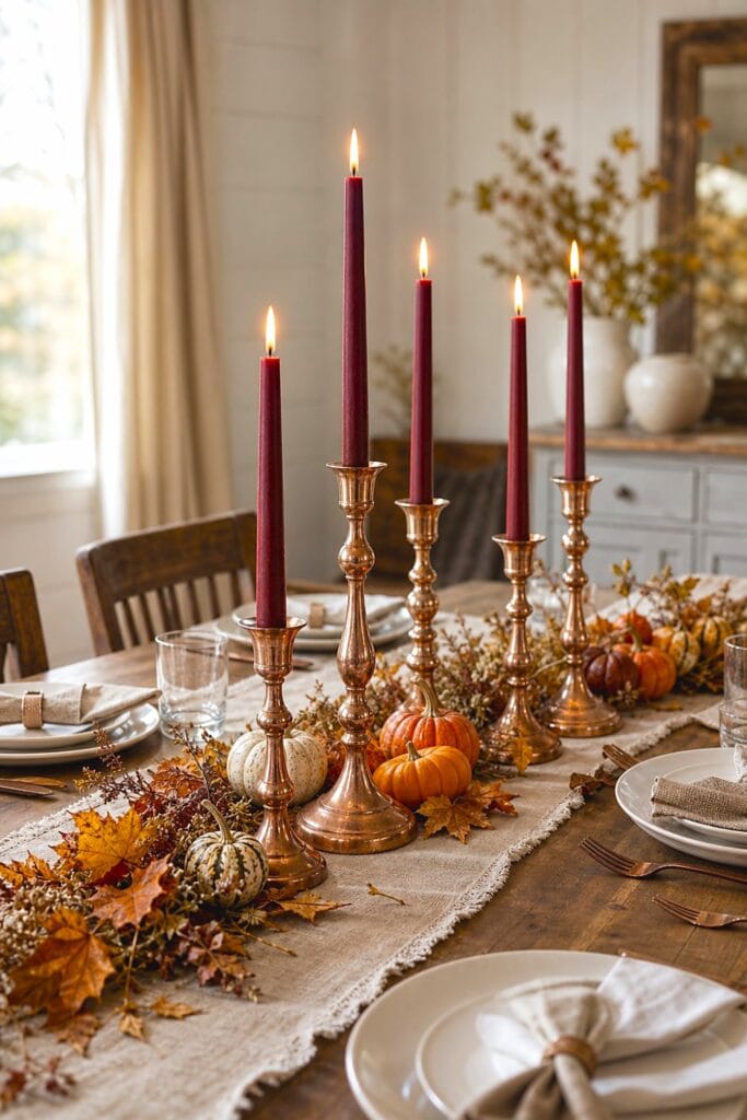 Mason jar candles surrounded by pinecones and autumn leaves on a farmhouse dining table.