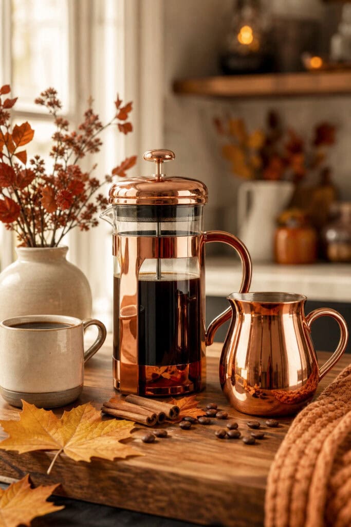 A copper French press and creamer arranged on a fall-themed coffee bar with a mug, coffee beans, and autumn leaves.