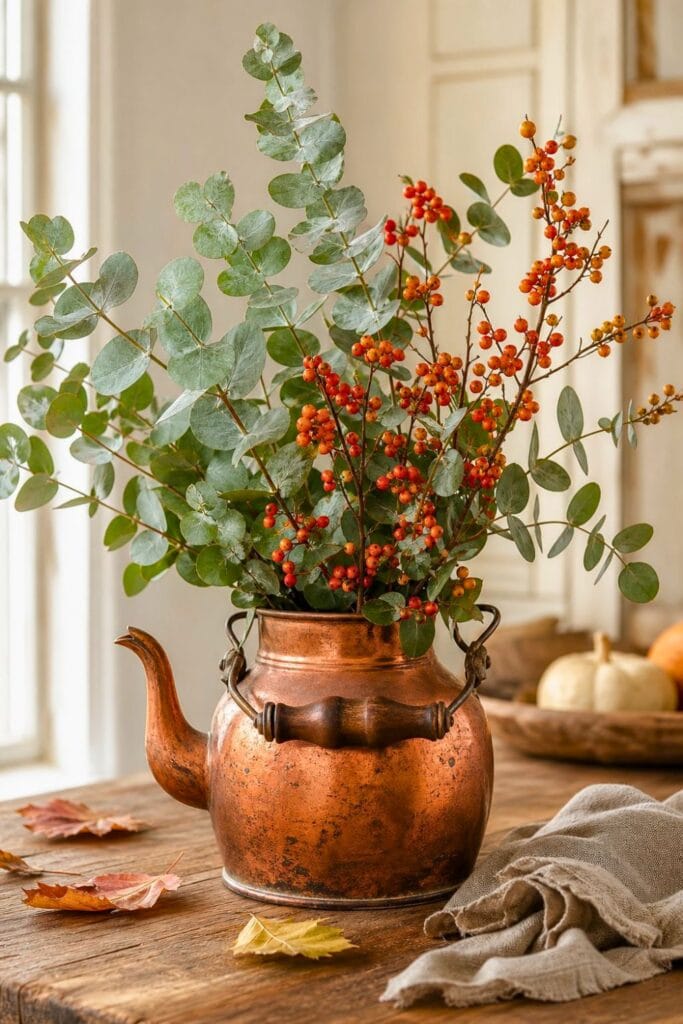 A copper kettle filled with eucalyptus branches and orange-red bittersweet berries sits on a wooden table.