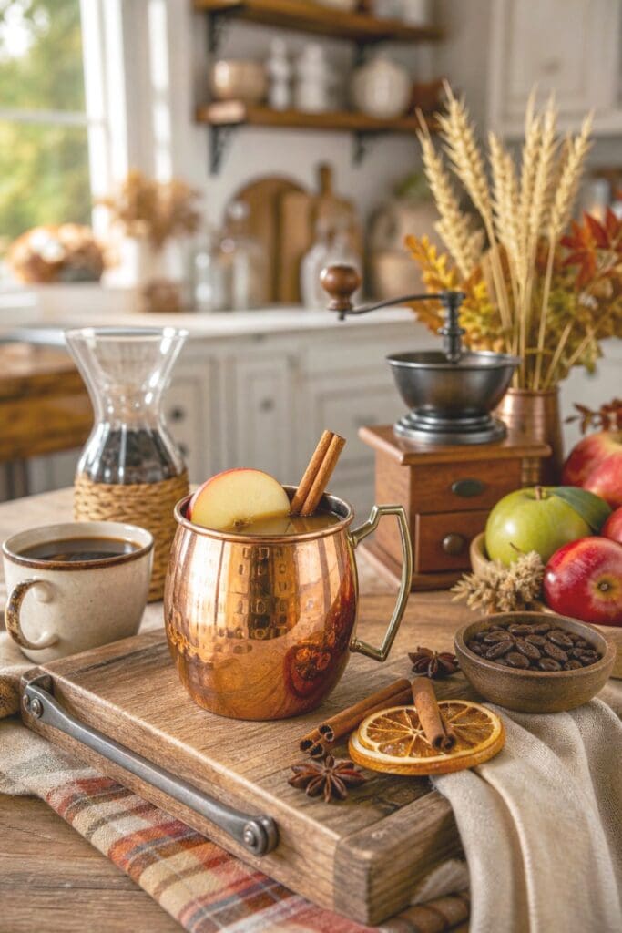 15 Farmhouse Fall Kitchen Decor Ideas 4 A copper mug of apple cider sits on a rustic farmhouse kitchen coffee and cider bar with autumn accents.
