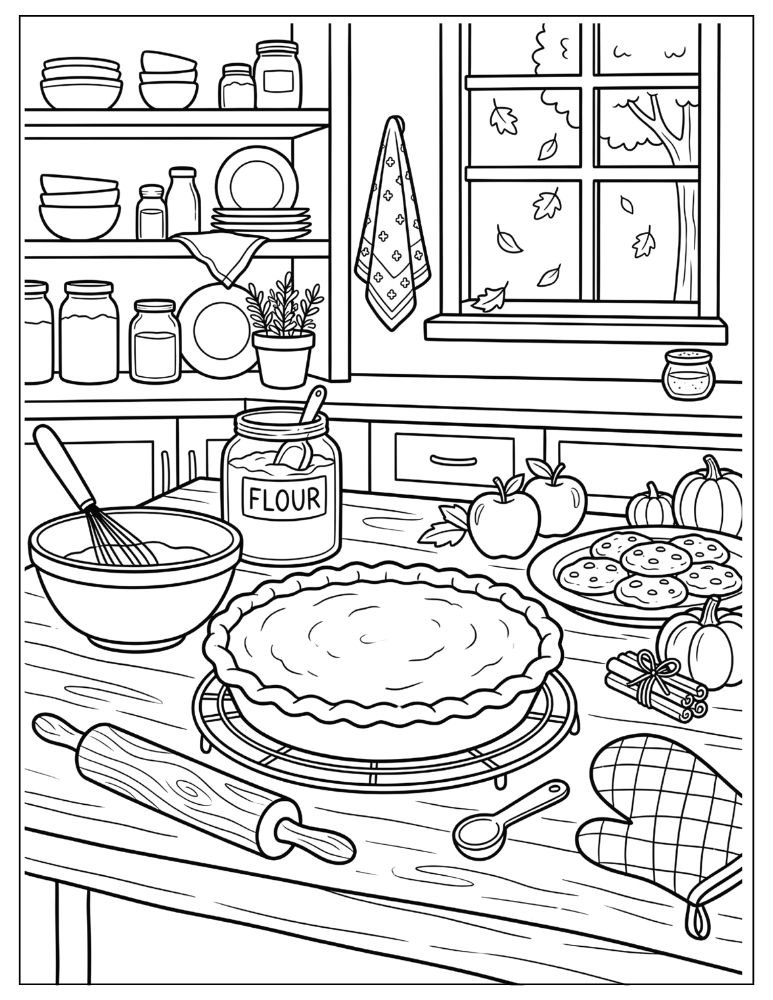 Cozy fall kitchen with a pumpkin pie, baking supplies, apples, pumpkins, cinnamon sticks, and cookies.