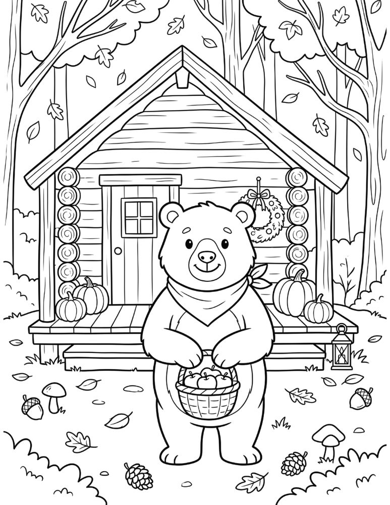 Friendly bear carrying a basket of apples outside a cozy log cabin surrounded by pumpkins, mushrooms, and autumn leaves.
