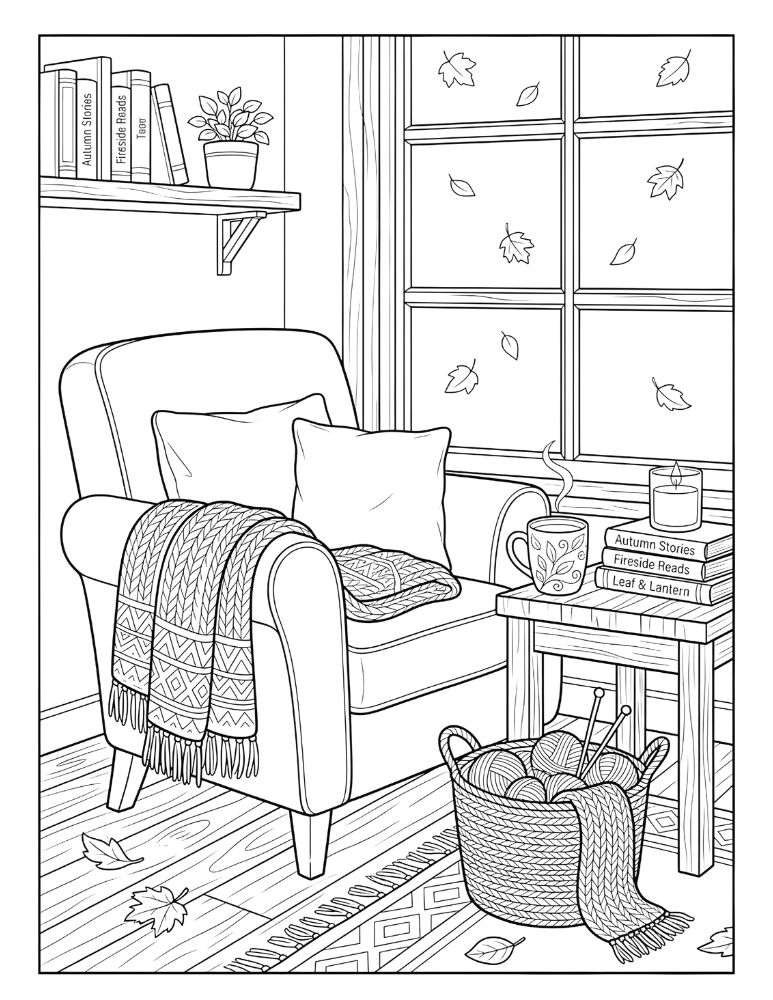 Cozy reading nook with an armchair, blanket, books, warm drink, pumpkins, and autumn leaves outside the window.