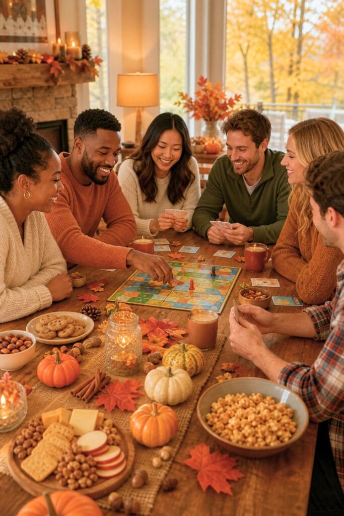 A group of friends playing board games around a table decorated with fall-themed items and snacks indoors.