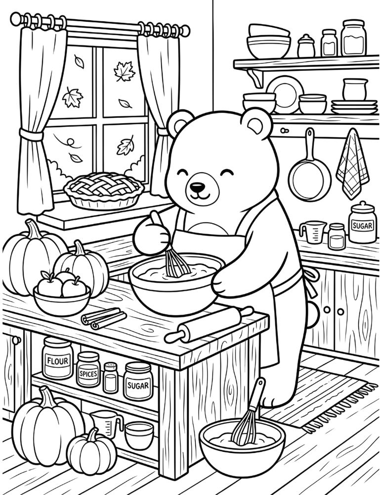 Cute bear baking a pumpkin pie in a cozy autumn kitchen with pumpkins, apples, cinnamon sticks, and falling leaves outside.