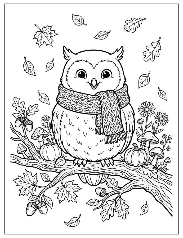 Cute owl wearing a knitted scarf perched on a tree branch surrounded by pumpkins, mushrooms, acorns, and autumn leaves.