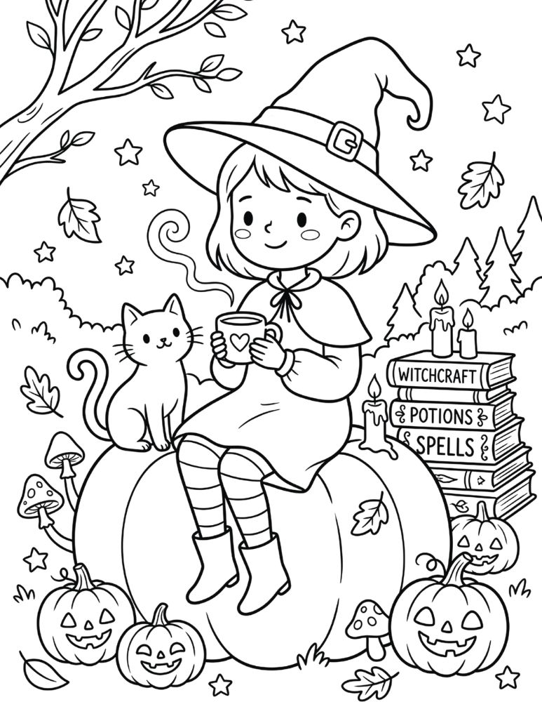 Cute young witch wearing an oversized hat, sipping a warm drink while sitting on a pumpkin with a friendly black cat.