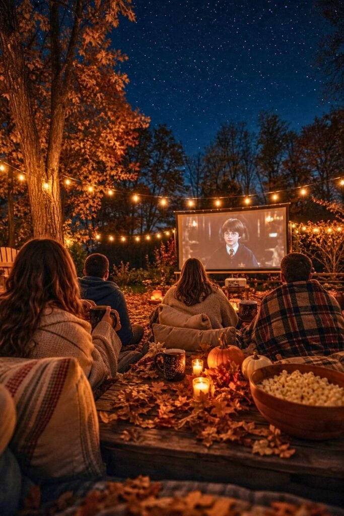 People wrapped in blankets watching an outdoor movie under a starry sky surrounded by fall decorations and colorful leaves.