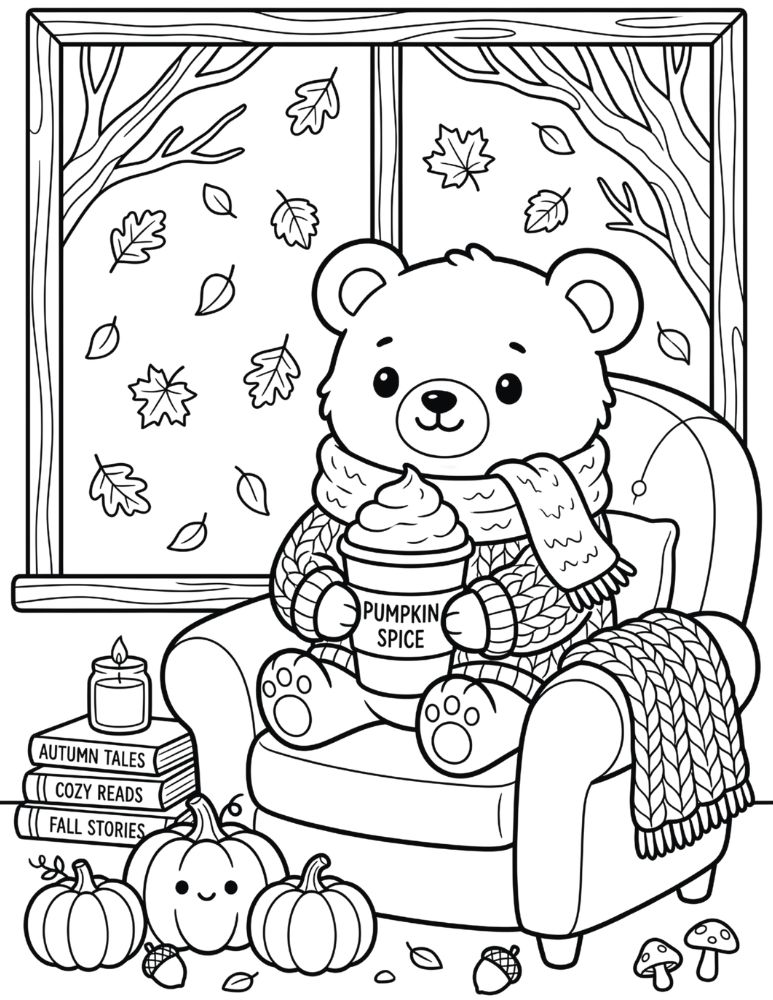 Cute teddy bear wearing a cozy sweater and scarf while holding a pumpkin spice latte in a cozy fall room.