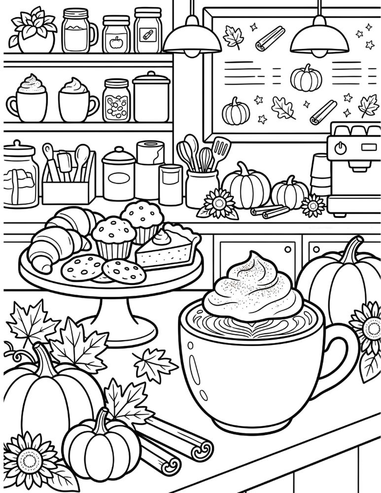 Cozy fall café scene with a pumpkin spice latte, pastries, pumpkins, cinnamon sticks, and autumn decorations.