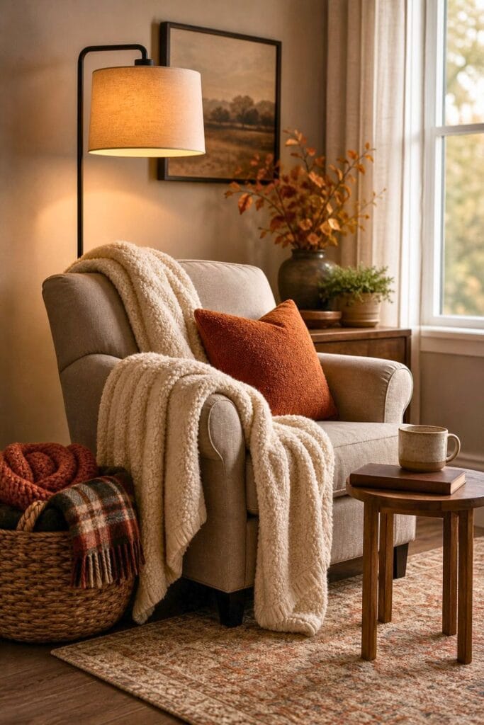 A cozy armchair with a sherpa throw sits beside a warmly lit floor lamp in a fall-themed reading nook.