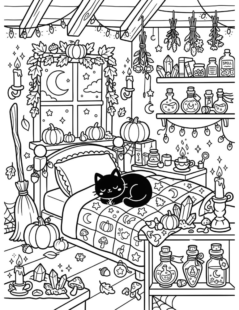 Cozy witch bedroom with a patchwork bed, crescent moon window, pumpkins, spell books, crystals, candles, herbs, and a black cat