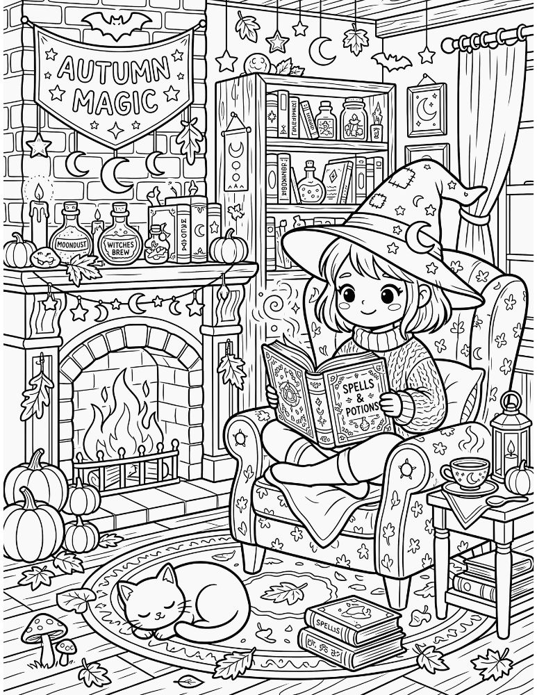 Cozy witch reading a spell book by a fireplace with a black cat, pumpkins, candles, and magical decorations