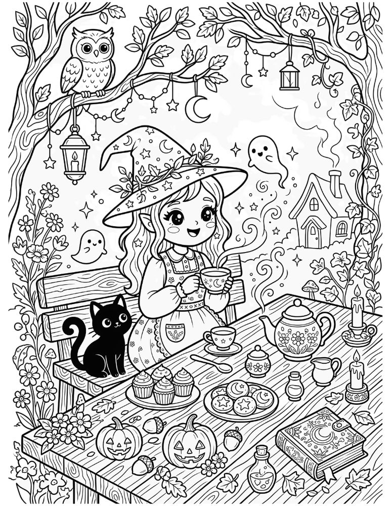 Cute witch having a cozy tea party with a black cat, owl, and tiny ghosts surrounded by pumpkins, mushrooms, candles, and autumn leaves