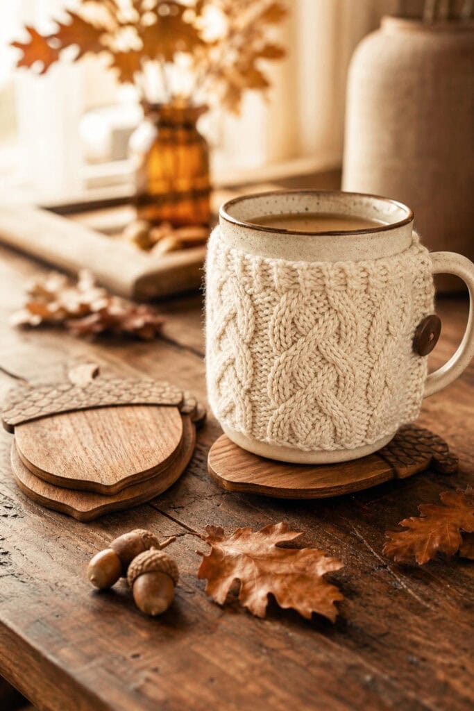 A cream knitted mug cozy and acorn-shaped coasters arranged on a wooden coffee bar with autumn accents.