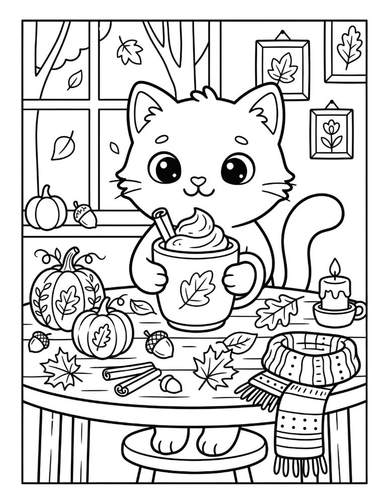 Cute cat holding a pumpkin spice latte surrounded by pumpkins, autumn leaves, and cinnamon sticks.