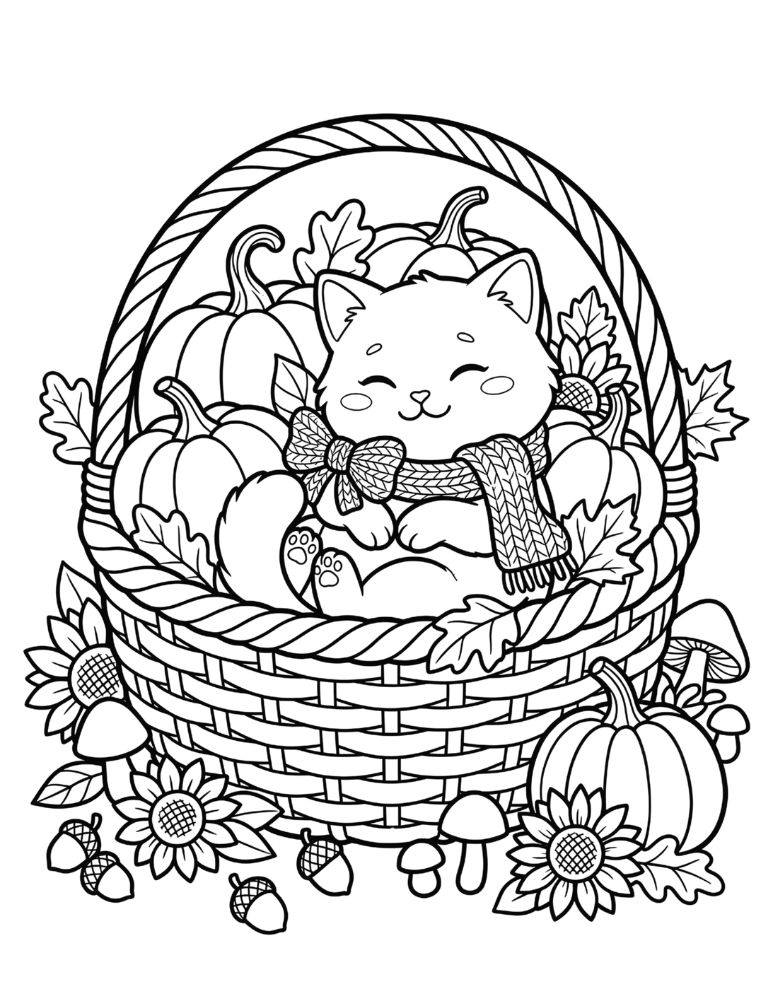 Cute kitten curled up in a basket filled with pumpkins and autumn leaves, surrounded by mushrooms and sunflowers.