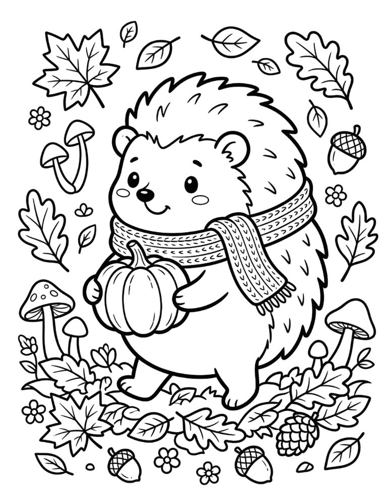 Adorable hedgehog wearing a scarf and carrying a pumpkin among mushrooms, acorns, pinecones, and autumn leaves.