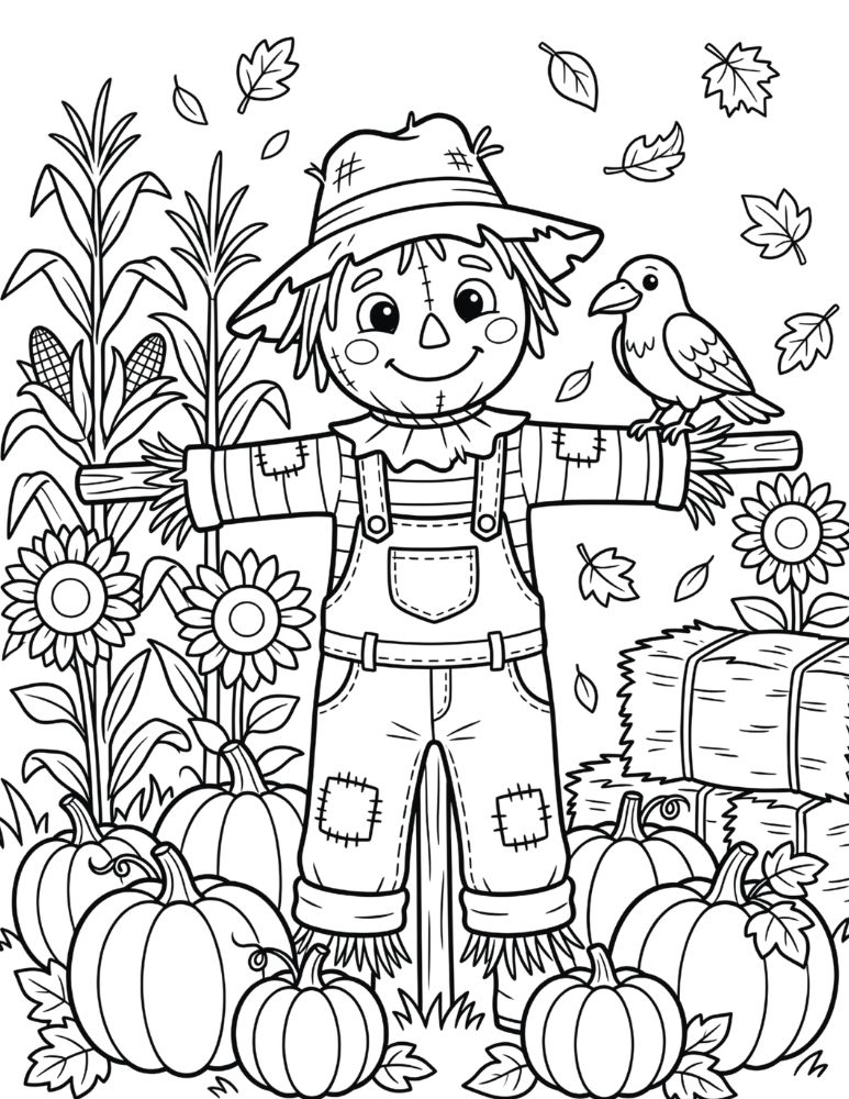 Smiling scarecrow with a friendly crow standing in a pumpkin patch during autumn.