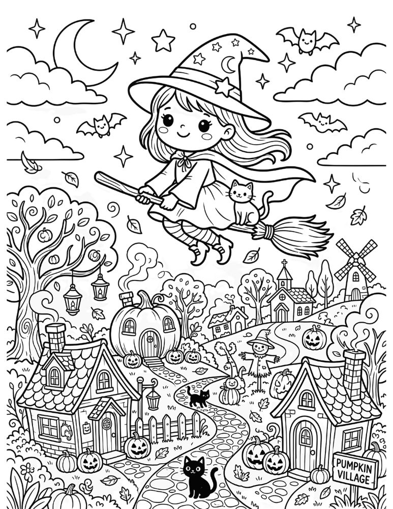 Cute witch flying on a broomstick over a whimsical pumpkin village beneath a crescent moon with bats, stars, and autumn trees