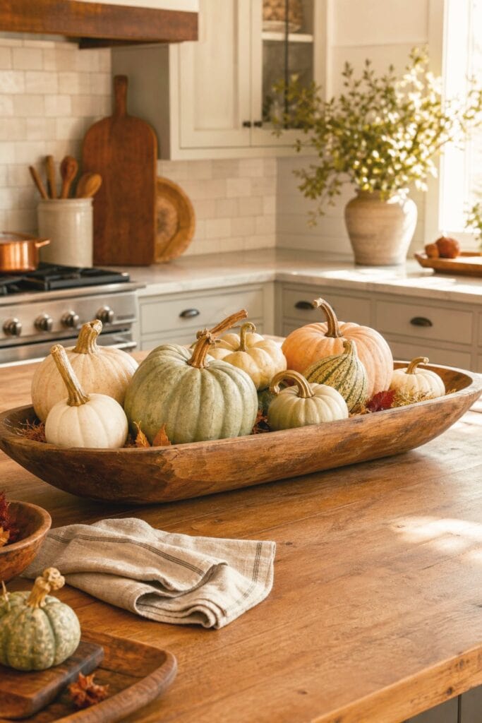 15 Farmhouse Fall Kitchen Decor Ideas 2 A wooden bowl filled with colorful heirloom pumpkins sits on a kitchen island.