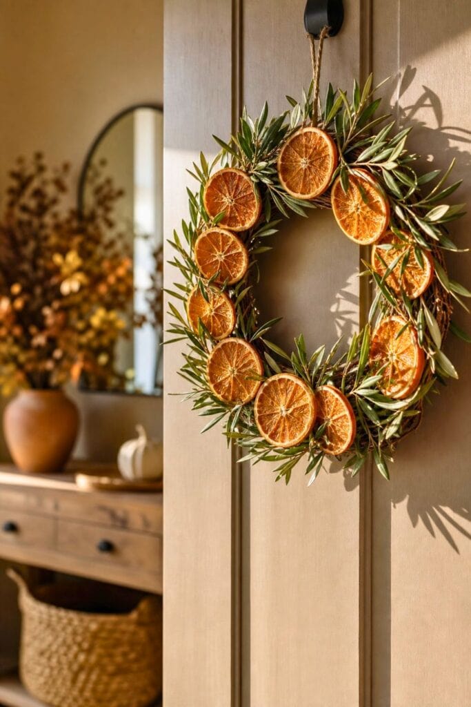 A dried orange slice and olive branch wreath hangs on a neutral-colored door in a warmly lit entryway.