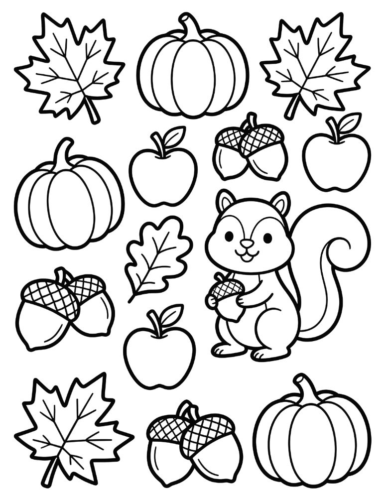 Simple fall coloring page with large autumn leaves, pumpkins, apples, acorns, and a friendly squirrel.