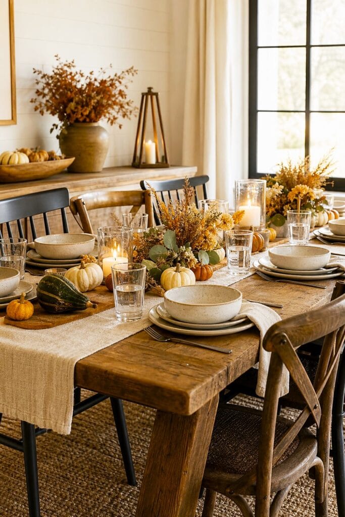 A rustic dining table is set for guests with autumn decorations, dishes, glasses, and a simple centerpiece.