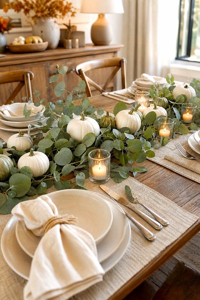 A farmhouse dining table decorated with eucalyptus branches, white pumpkins, and glass votive candles.