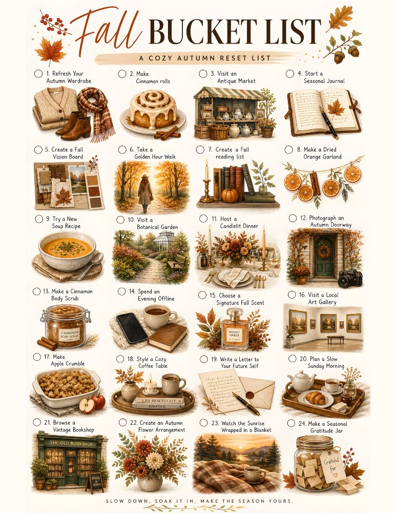 Fall bucket list poster featuring 24 cozy autumn reset ideas, including refreshing a fall wardrobe, making cinnamon rolls, visiting an antique market, starting a seasonal journal, taking a golden hour walk, making dried orange garland, enjoying a candlelit dinner, creating a cozy coffee table, and watching the sunrise wrapped in a blanket.