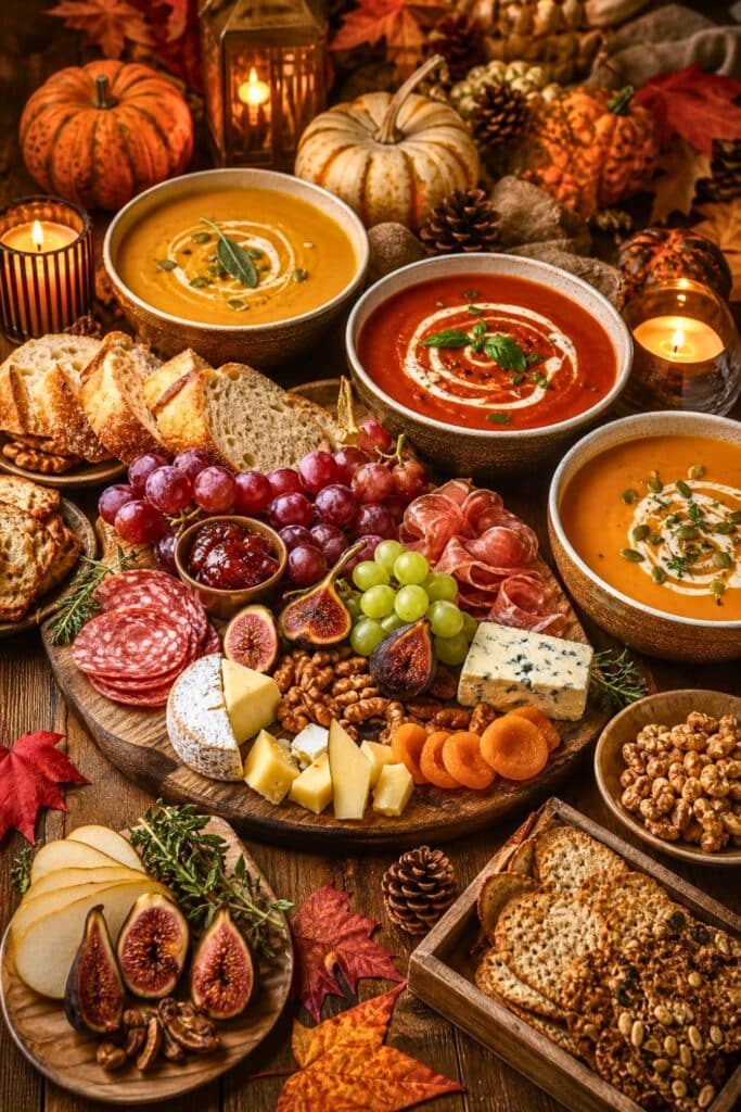 A rustic wooden table set with a variety of cheeses, cured meats, fruits, nuts, bread, and bowls of steaming fall soups surrounded by autumn decorations like pumpkins and leaves.