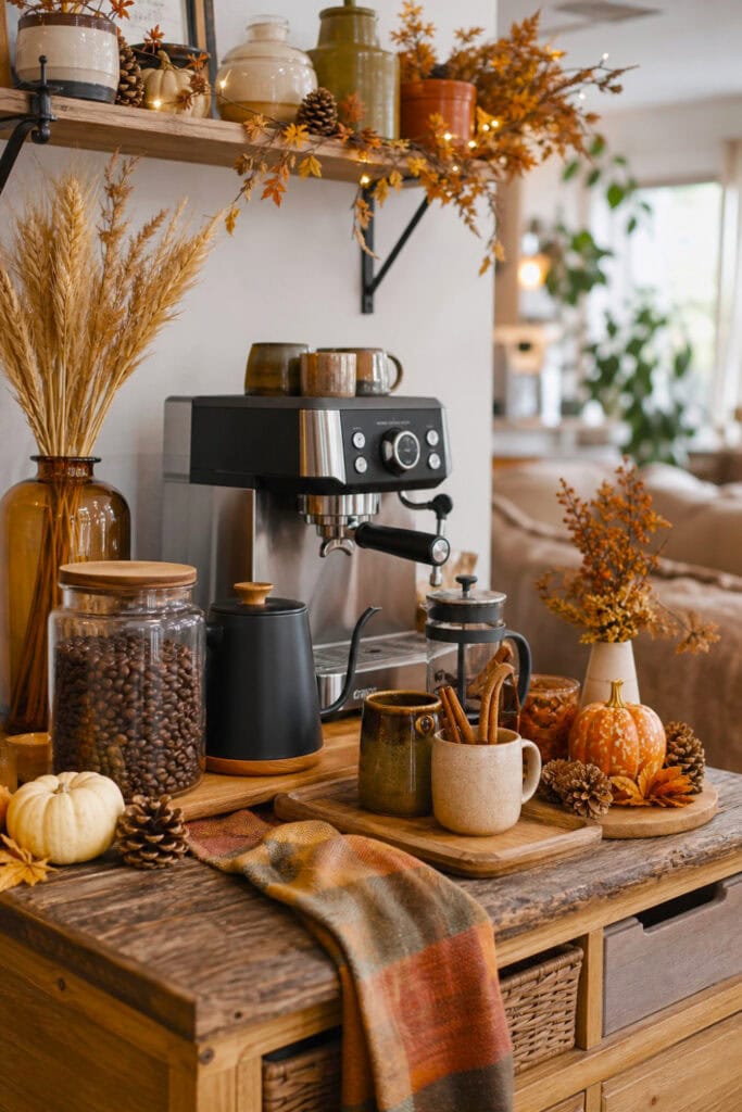 A decorated coffee bar with coffee-making equipment, mugs, pumpkins, dried foliage, and warm autumn accents.