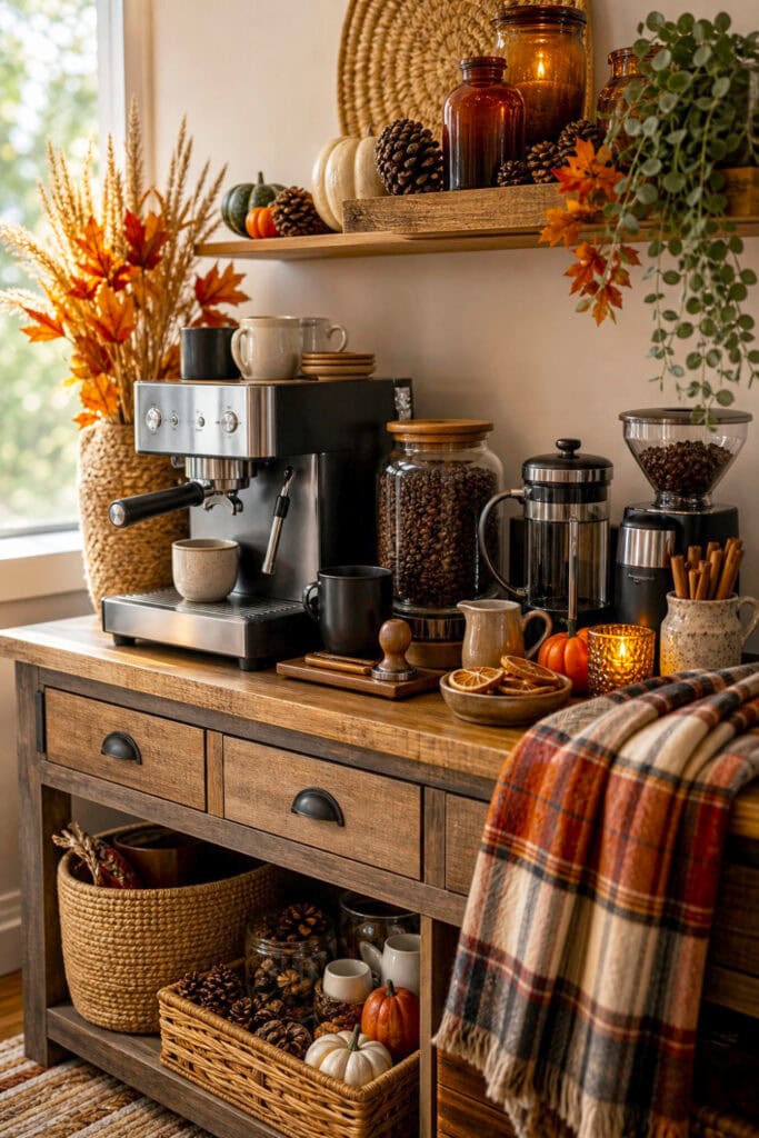 A cozy coffee bar decorated with pumpkins, autumn foliage, mugs, and warm seasonal accents.A cozy coffee bar decorated with pumpkins, autumn foliage, mugs, and warm seasonal accents.