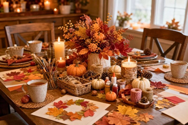 Adults gather around a table making autumn crafts surrounded by pumpkins, leaves, and other seasonal decorations.