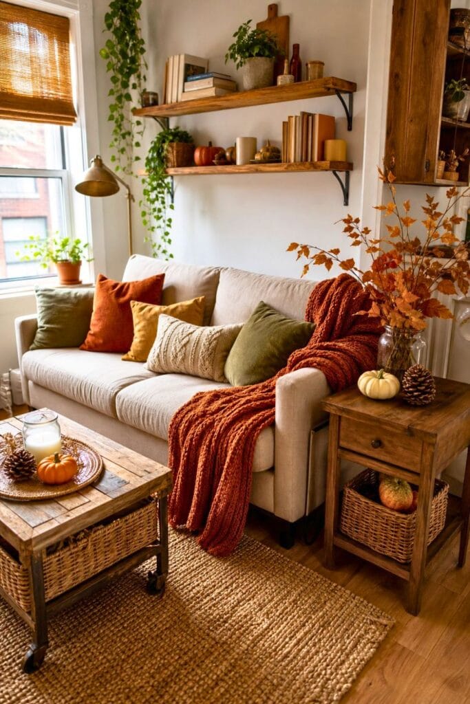 A small cozy living room with affordable fall decorations, including pumpkins, dried leaves, warm cushions, and a throw blanket.