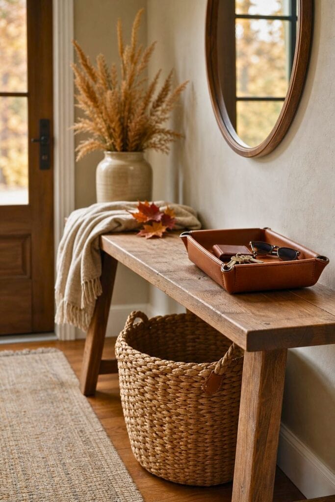 A fall entryway with a woven basket beneath a console table and a leather tray on top.