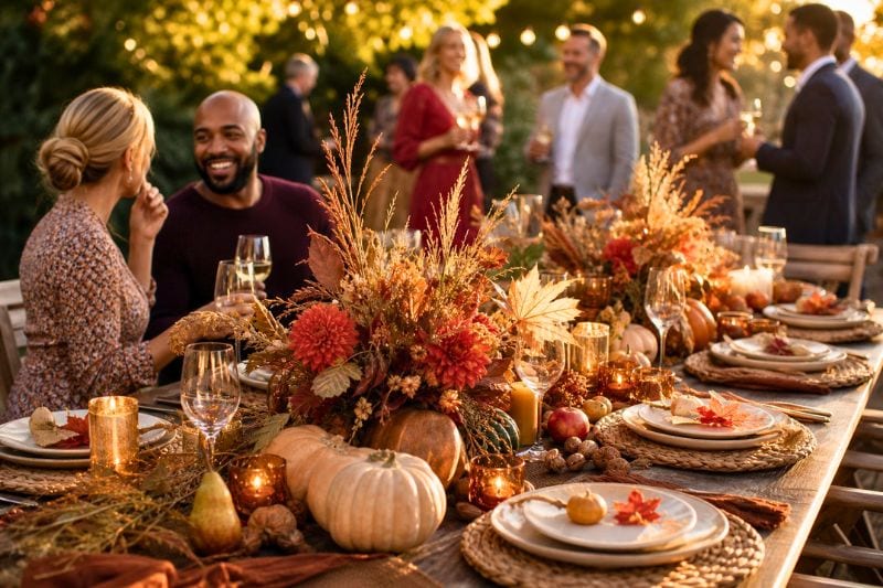 Guests celebrate the fall equinox around a warmly decorated outdoor harvest table.