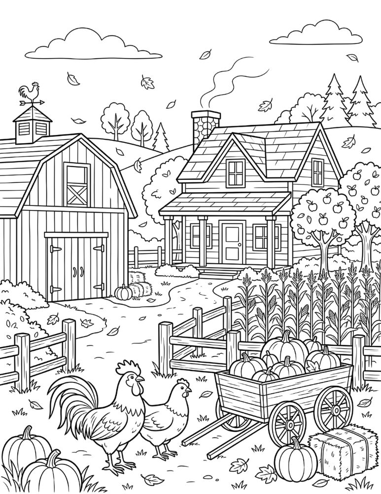 Autumn farm scene with a farmhouse, barn, pumpkins, hay bales, cornfield, apple trees, and friendly farm animals.