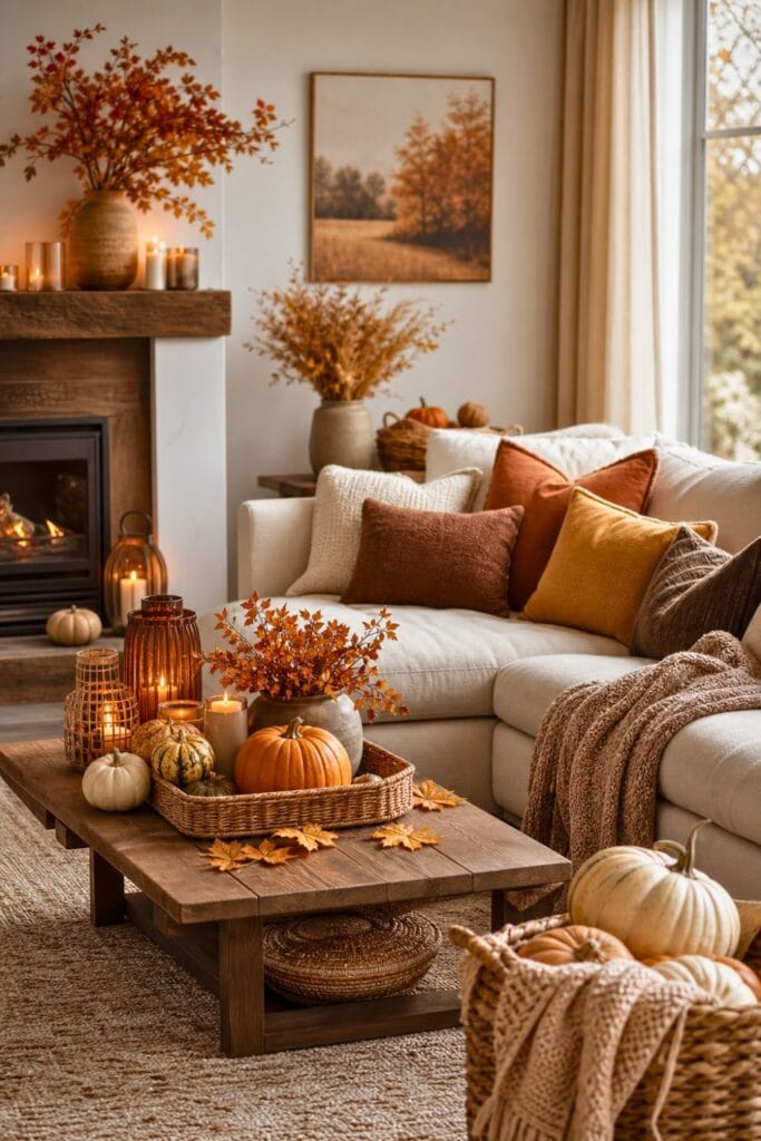 A cozy living room decorated with pumpkins, autumn leaves, warm blankets, candles, and earthy seasonal accents.