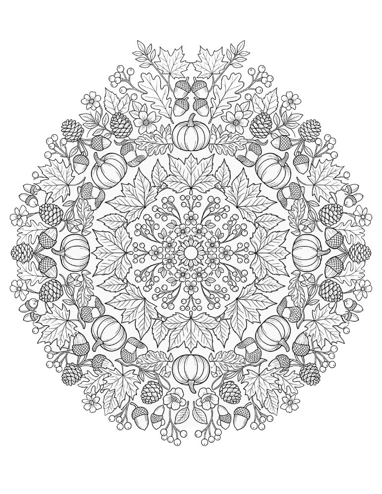 Intricate autumn mandala featuring maple leaves, oak leaves, pumpkins, acorns, pinecones, berries, and woodland flowers.